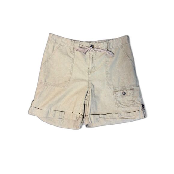 Faded Glory Pants - y2K Faded Glory Khaki Linen Cotton Cargo Shorts sz 10 Roll Cuff Drawstring Waist